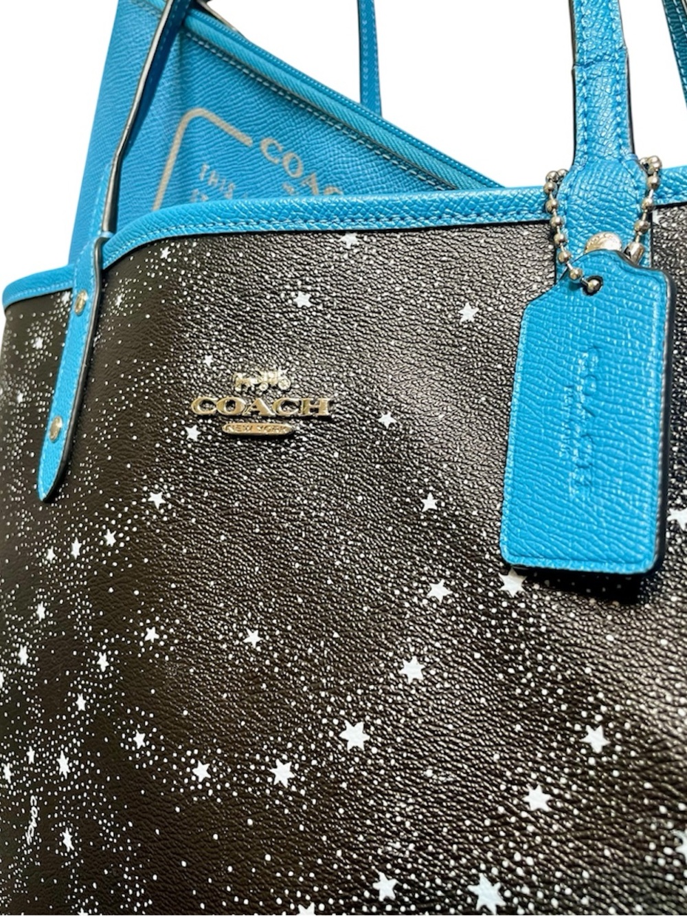 Coach Galaxy Black Star Print & Blue Reversible City Tote w/ Removable Zip Pouch - Picture 3 of 10